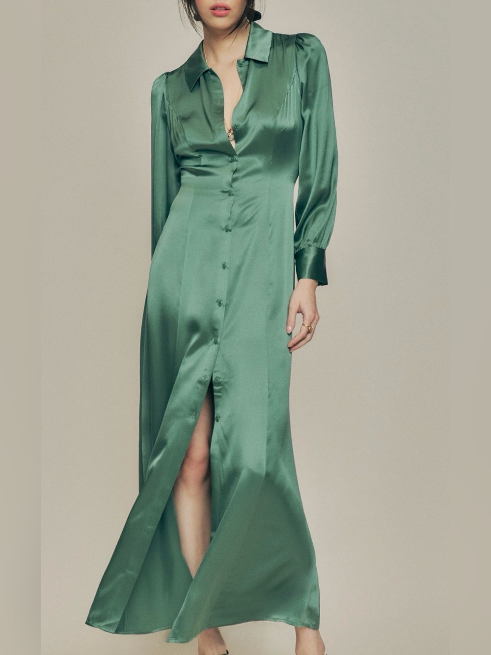 REFORMATION Catalina Green Silk Long Dress Sz 10
